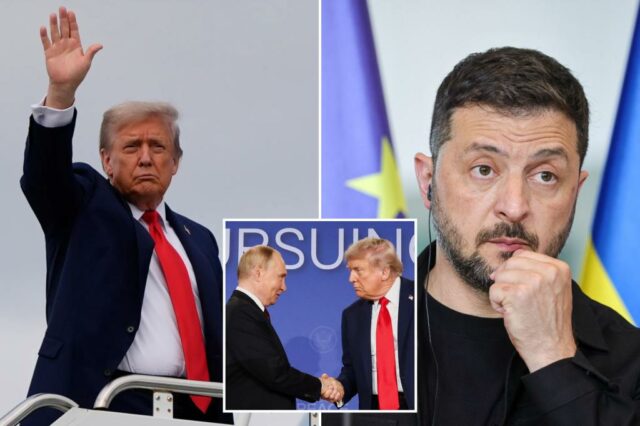 O presidente dos EUA, Donald Trump Council Air Force One, quando deixa a base comum de Elmendorf-Richardson em 15 de agosto de 2025 em Anchorage, no Alasca. 