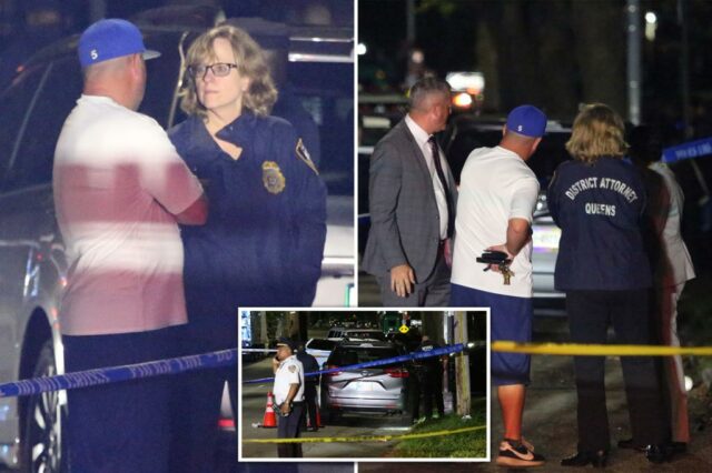 A polícia investiga uma possível cena de homicídios em Queens, com fita de polícia azul e cones laranja visíveis.