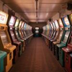 Uma fotografia de uma arcade longa e pouco iluminada, cheia de máquinas de diversão vintage e dispositivos de jogo. Três homens acusados ​​de roubo de videogame de Chicago, mais de US $ 500 mil supostamente roubados