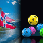 A Autoridade da Loteria norueguesa atinge a Norsk com uma multa de US $ 1 milhão. Bandeira norueguesa acenando por um fiorde à esquerda, com bolas coloridas de loteria numeradas em um fundo preto à direita.