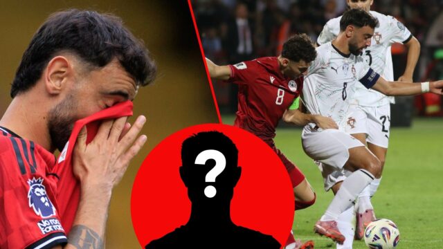 Eduard Spertsyan e o capitão do Manchester United Bruno Fernandes lutam pela bola durante a partida de qualificação da Copa do Mundo de 2026 entre Armênia e Portugal no estádio republicano de Vazgen Sargsyan em 2025 em Yerevan, Armênia.