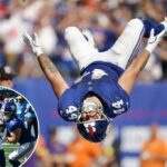 Cam Skattebo comemora depois de marcar um touchdown durante o jogo Giants-Chargers em 28 de setembro de 2025.