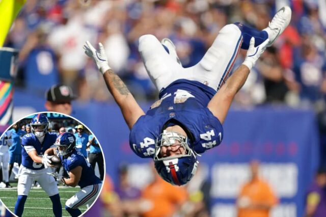 Cam Skattebo comemora depois de marcar um touchdown durante o jogo Giants-Chargers em 28 de setembro de 2025. 