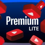 Um telefone exibindo o logotipo Lite Premium do YouTube na tela, cercado por sinais de alerta e ícones do YouTube.