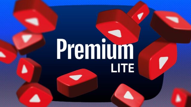 Um telefone exibindo o logotipo Lite Premium do YouTube na tela, cercado por sinais de alerta e ícones do YouTube.
