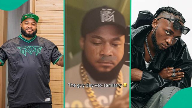 A expressão facial de Sam Larry enquanto ele olha para o Skitmaker, o Paper Chaze, no Clube provoca comentários

