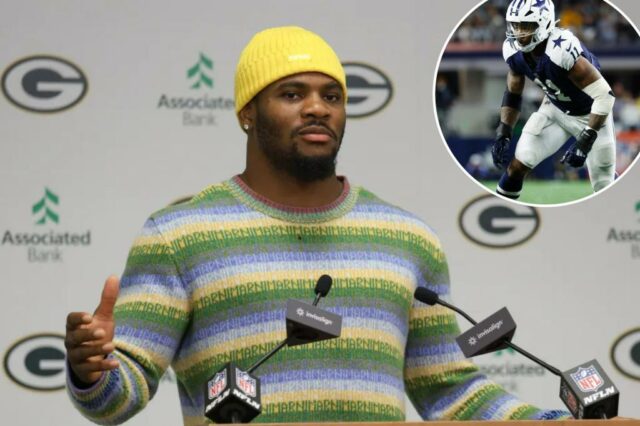 O ex -Dallas Cowboy Micah Parsons fala com a mídia durante uma conferência de imprensa, depois de ser negociado com o Green Bay Packers, no Lambeau Field em 29 de agosto de 2025 em Green Bay, Wisconsin.