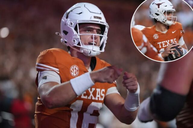 Arch Manning comemora durante o jogo do estado do Texas-Sam Houston em 20 de setembro de 2025. 