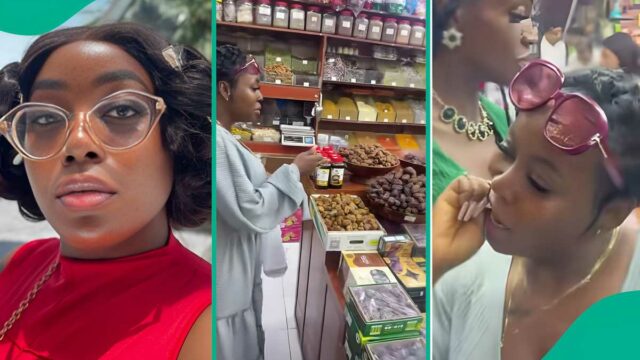A mulher nigeriana vai para a loja do Catar, tem um gosto de muitos doces sem pagar tendências de vídeo

