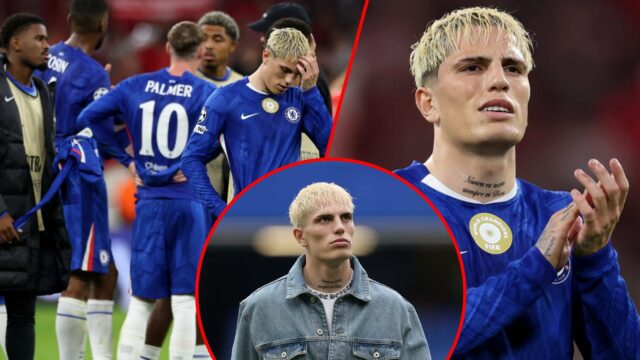 O ex -extremo do Manchester United, Alejandro Garnacho, parece desanimado após a derrota da equipe na partida da Liga dos Campeões entre Bayern de Munique e Chelsea na Arena Allianz em 2025 em Munique, Alemanha.