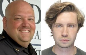 A polícia da Geórgia inicia a caça ao suspeito ‘armado e perigoso’ que supostamente atirou no oficial na garganta: relatórios Três policiais de McCaysville posando para uma foto em frente ao departamento de polícia.