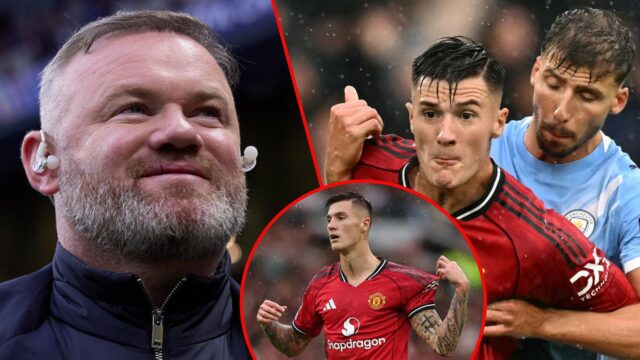 O atacante do Manchester United, Benjamin Sesko, tenta levar a bola sob pressão do zagueiro do Manchester City Ruben Dias durante a partida da Premier League entre o Manchester City e o Manchester United no Etihad Stadium, em Manchester, em 2025.