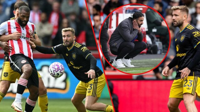 Igor Thiago com Harry Maguire e Luke Shaw durante a partida da Premier League entre Brentford e Manchester United no Gtech Community Stadium em Londres, Inglaterra, em 2025.