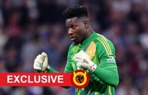Andre Onana Concurs Trabzonspor Manage Male United Leave atualmente inevitável O goleiro do Manchester United, Andre Onana, enfrentando Lyon.