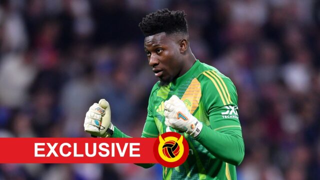 O goleiro do Manchester United, Andre Onana, enfrentando Lyon.