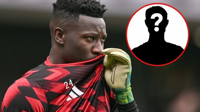 Andre Onana está no gol com as mãos nos quadris