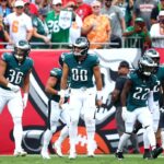 Philadelphia Eagles players celebrating a blocked punt return for a touchdown in Week 5 against the Buccaneers