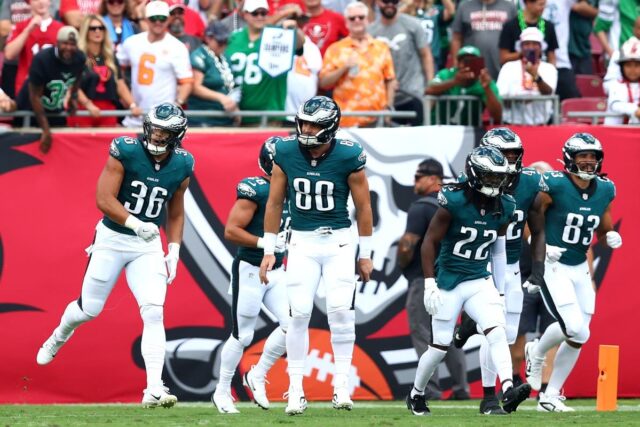 Philadelphia Eagles players celebrating a blocked punt return for a touchdown in Week 5 against the Buccaneers