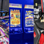 Evidências ilegais de invasão de arcade mostrando mesas de videogame de jogos de azar, máquinas de caça -níqueis, pilhas de dinheiro apreendido e máquina de contar em uma mesa. As autoridades da Flórida apreendem máquinas de caça -níqueis ilegais, desligando duas arcadas