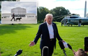 As regras da Suprema Corte que Trump pode reter US $ 4 bilhões em ajuda externa O policial da Polícia do Capitólio dos EUA com um cão de detector K9 patrulhando fora da Suprema Corte, que é parcialmente coberto de andaimes.