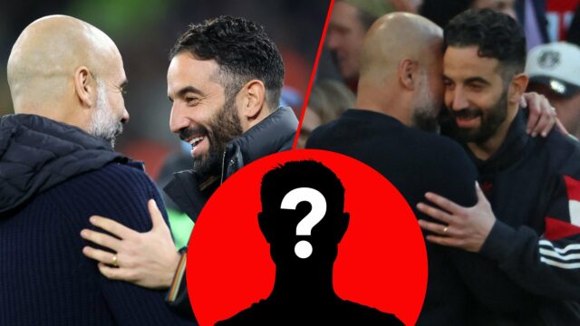 O gerente da cidade de Manchester, Pep Guardiola, e o treinador do Manchester United, Ruben Amorim, abraçam o apito final na partida da Premier League entre o Manchester United e o Manchester City em Old Trafford em Manchester, Inglaterra, em 2025.