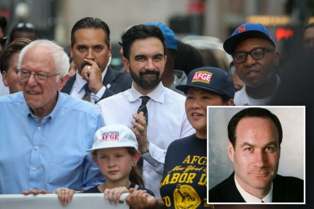 Bernie Sanders e Zohran Mamdani no desfile do Dia do Trabalho de Nova York.