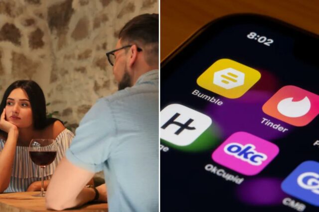 Jovem com cabelos longos escuros, vestindo uma blusa listrada, parece entediada durante um encontro com um homem em um café.