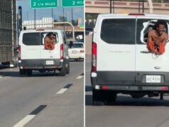 Bluse sem camisa fica atrás das correções Van Acelerando a Freeway Oklahoma, enquanto imploram para obter ajuda: Vídeo insano Uma janela presa não identificada na parte traseira do veículo de transporte da prisão na rodovia de Oklahoma em 2 de setembro.