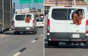 Bluse sem camisa fica atrás das correções Van Acelerando a Freeway Oklahoma, enquanto imploram para obter ajuda: Vídeo insano Uma janela presa não identificada na parte traseira do veículo de transporte da prisão na rodovia de Oklahoma em 2 de setembro.
