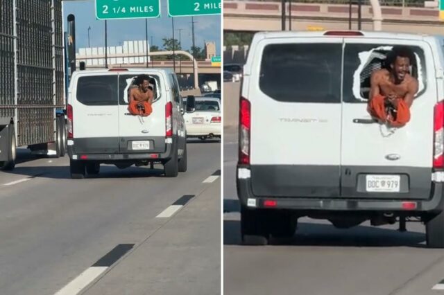 Uma janela presa não identificada na parte traseira do veículo de transporte da prisão na rodovia de Oklahoma em 2 de setembro.