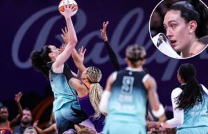 Breanna Stewart poderia jogar o jogo 2 em esperançoso letreiro de playoff da Liberty Breanna Stewart, do New York Liberty, atirando em Satou Sabally, do Phoenix Mercury durante um jogo da WNBA.