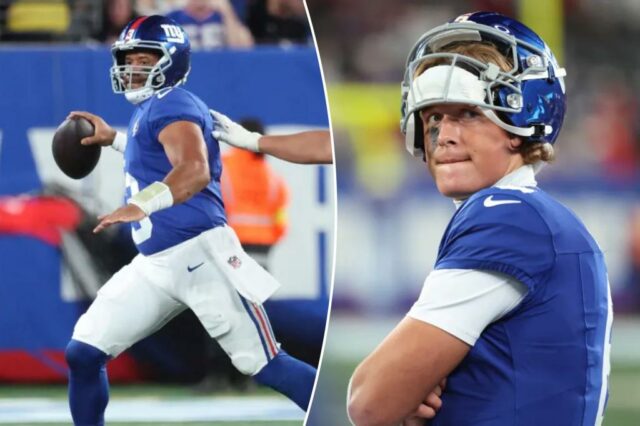 Russell Wilson (3) parece jogar durante a perda dos Giants para o Chiefs em 22 de setembro de 2025.
