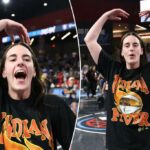 Caitlin Clark, do Indiana Fever, celebra sua vitória.