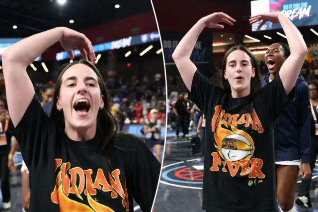 Caitlin Clark, do Indiana Fever, celebra sua vitória.