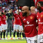 Bryan Mbeumo comemora com Bruno Fernandes, Kobbie Manoo e Amad Diallo durante a partida de futebol da Premier League inglesa entre o Manchester United e Burnley em Old Trafford em Manchester, Inglaterra, em 2025.