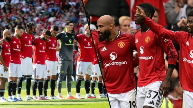 Bryan Mbeumo comemora com Bruno Fernandes, Kobbie Manoo e Amad Diallo durante a partida de futebol da Premier League inglesa entre o Manchester United e Burnley em Old Trafford em Manchester, Inglaterra, em 2025.