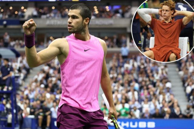 Carlos Alcaraz comemora durante a final do US Open em 7 de setembro de 2025.