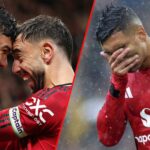 Casemiro comemora com o companheiro de equipe Bruno Fernandes durante a partida da Premier League entre o Manchester United e o Chelsea em Old Trafford em 2025 em Manchester, Inglaterra.