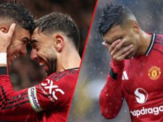 Casemiro quebra o silêncio com uma mensagem eficaz depois que o cartão vermelho do UTD masculino vs Chelsea, masculino, Utd Ace reage prontamente Casemiro comemora com o companheiro de equipe Bruno Fernandes durante a partida da Premier League entre o Manchester United e o Chelsea em Old Trafford em 2025 em Manchester, Inglaterra.