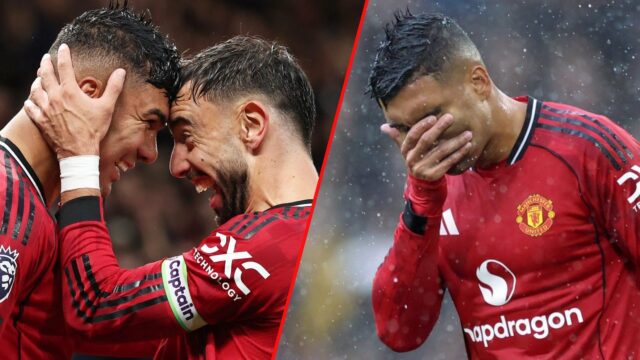 Casemiro comemora com o companheiro de equipe Bruno Fernandes durante a partida da Premier League entre o Manchester United e o Chelsea em Old Trafford em 2025 em Manchester, Inglaterra.