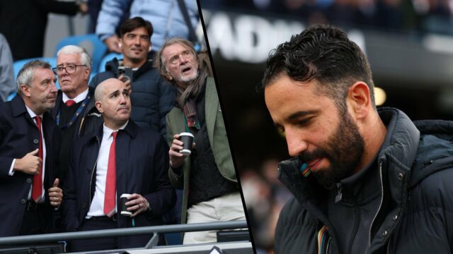 Ruben Amorim aplaude os fãs do Manchester United na Etihad.