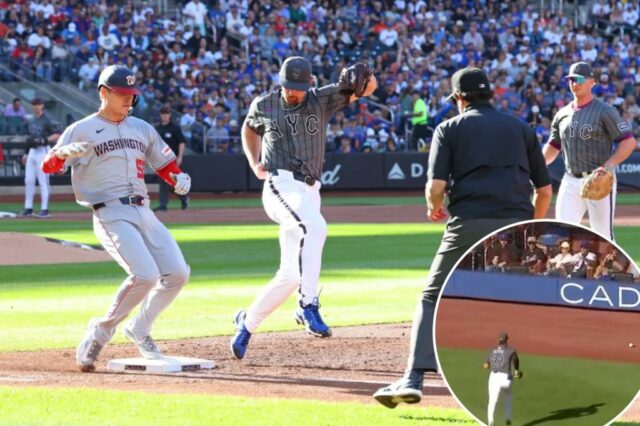 O arremessador do New York Mets, Nolan McLean (26), perde a bolsa, permitindo que a terceira base da Washington Nationals Brady House (55) no New York Mets Base Pete Alonso (20) Erro durante o segundo turno, quando o New York Mets jogou o Washington Nationals no sábado, 20 de setembro de 2025 no Citi Field, em Queens, NY. 