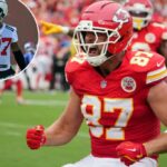 Travis Kelce reage durante o jogo do Chiefs-Eagles em 14 de setembro de 2025.