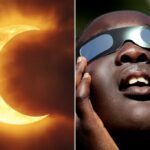 Close-up de um eclipse solar com a lua cobrindo parcialmente o sol, criando uma forma crescente e lançando um brilho sutil ao redor das bordas