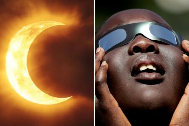 Close-up de um eclipse solar com a lua cobrindo parcialmente o sol, criando uma forma crescente e lançando um brilho sutil ao redor das bordas