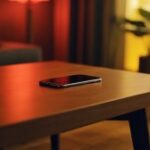 Uma fotografia de uma mesa de madeira moderna com um design elegante e minimalista. Um smartphone preto está centrado na mesa, sua superfície limpa e em branco, refletindo a vibrante luz vermelha e amarela. A luz emana de uma fonte invisível, lançando sombras dramáticas e destacando o grão liso da madeira e a superfície reflexiva do telefone. Um fundo turvo de uma sala elegantemente decorada com uma única planta em vasos adiciona profundidade e contexto à cena.