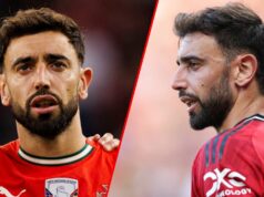 ‘Constantemente maior’ … Bruno Fernandes informa o método inteligente dos seguidores do UTD masculino para ver entre as ‘características ideais’, ninguém pode ser igual a ele O meio -campista do Manchester United, Bruno Fernandes, canta seu hino nacional antes da partida de qualificação da Copa do Mundo de 2026 da FIFA entre Hungria e Portugal na Puskas Arena em 2025 em Budapeste, Hungria.