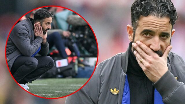 Ruben Amorim parece desanimado durante a partida da Premier League entre Brentford e Manchester United no Gtech Community Stadium em 2025 em Brentford, Inglaterra.