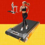 Uma mulher correndo em uma esteira com uma imagem inserida de uma mulher usando uma esteira sob uma mesa em pé.
