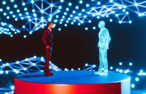 D-ID obtém start-up de videoclipe de Berlim Man standing on a red platform, facing a holographic digital twin of himself. The background features a network of interconnected blue lights, creating a futuristic and high-tech atmosphere. The scene represents concepts of digital twins, virtual reality, and advanced technology.